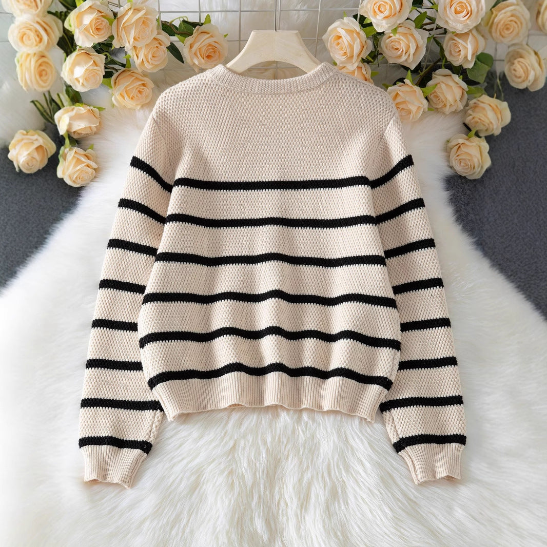 Striped Pullover Top Fashion Cardigan with Buttons Sweater Women