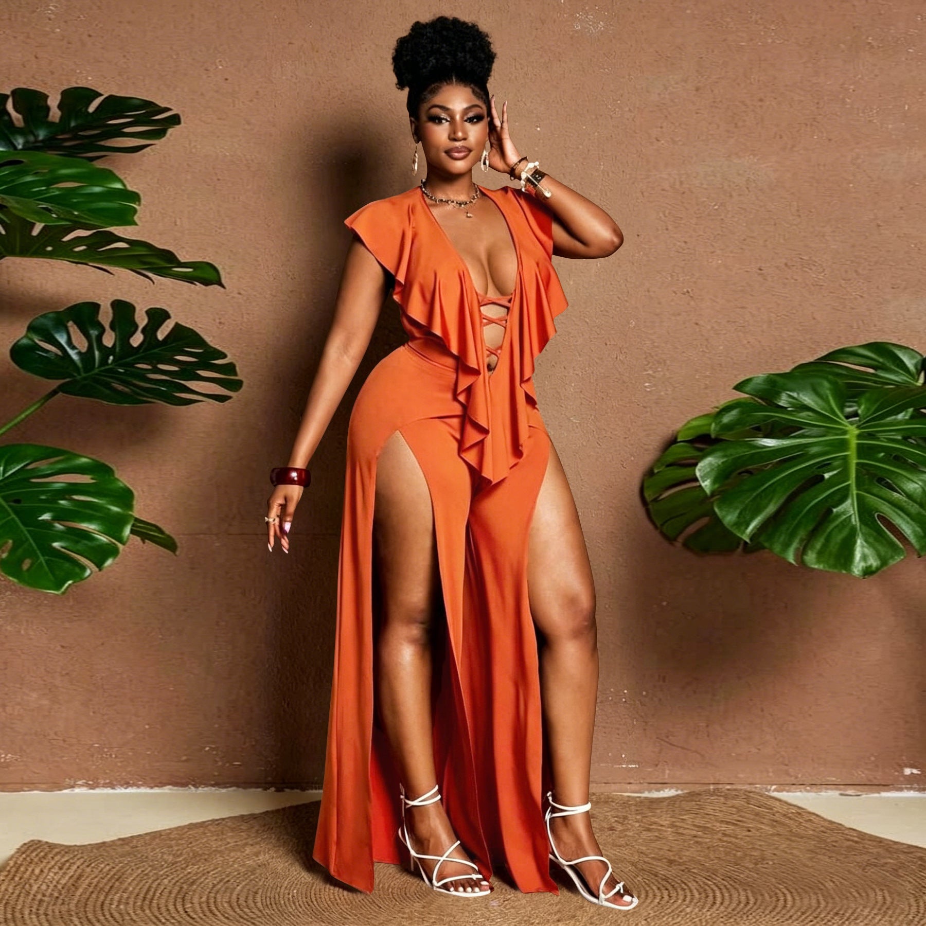Elegant Ruffle Wide-Leg Plus Size Jumpsuit