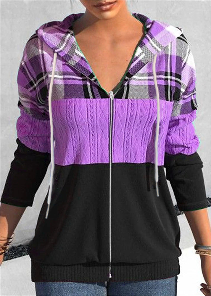 Women's Plaid Hooded Zipper Cardigan Sweater