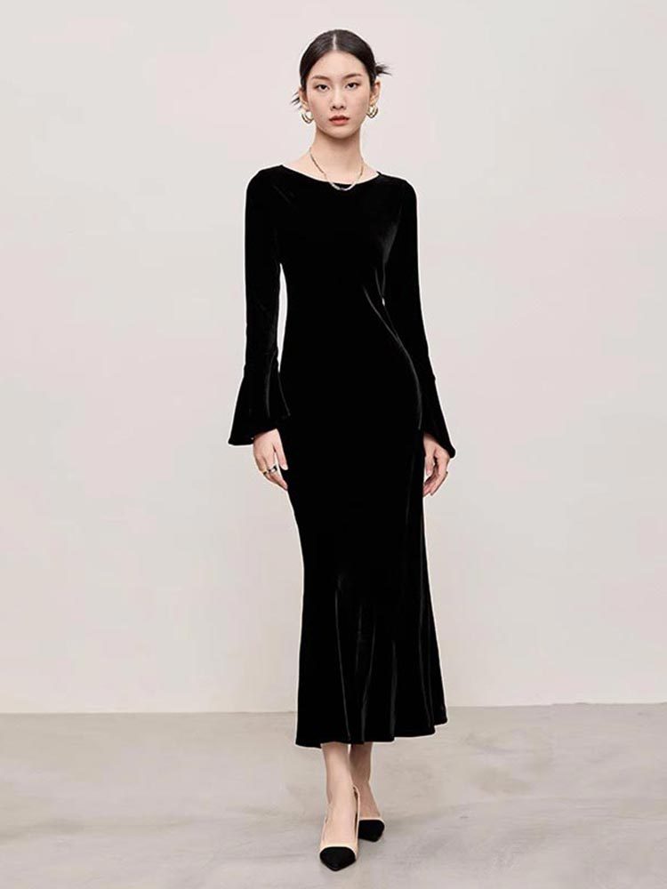 Temperament Long Sleeve Slim Fit Long Dress Women's Vintage Velvet…