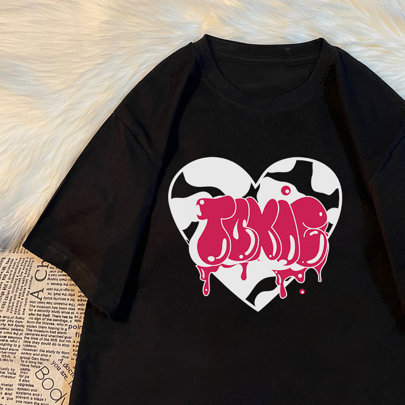 Loose-Fit Heart Print Short Sleeve Top for Women – Casual Chic