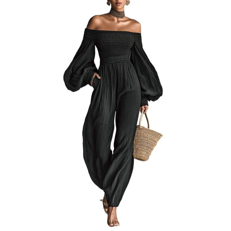Elegant Off-Shoulder Pleated Long-Sleeve Jumpsuit