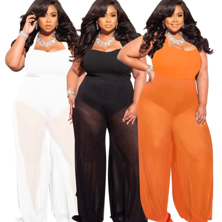 Women's Plus-Size Sheer Wide-Leg Jumpsuit