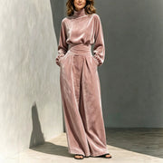 Velvet Turtleneck Belted Wide-Leg Jumpsuit