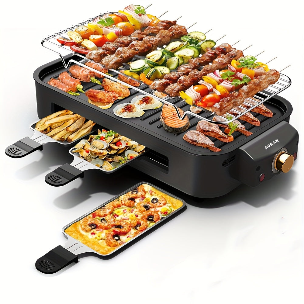Kitchen Electric Barbecue Grill, Fully Detachable, With Frying Pan And Grille, Three Hand Trays, Non-stick And Easy To Clean, Made Of Stainless Steel, Adjustable Temperature, Power 1500W, Waffle...