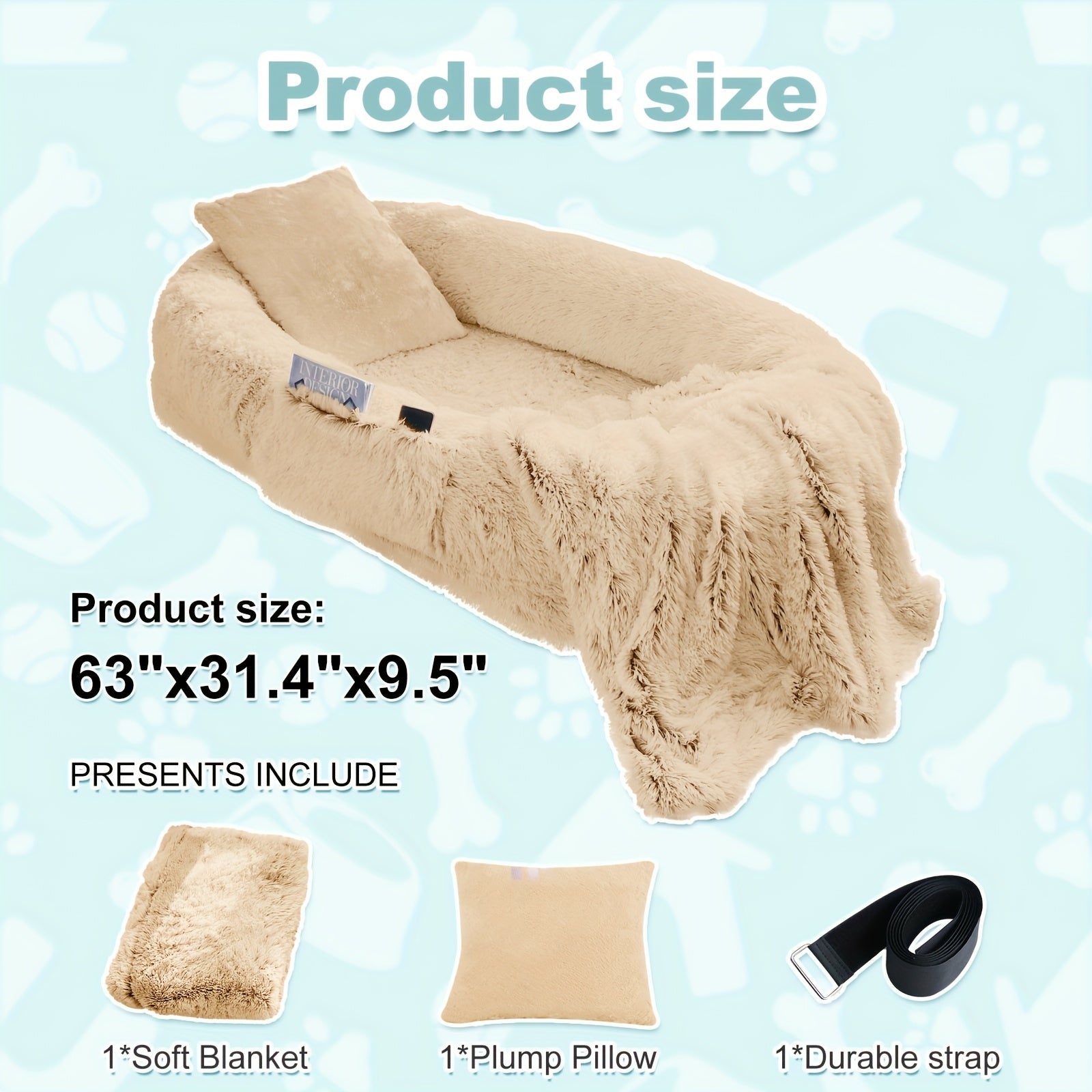 XXL Orthopedic Human-Dog Bed with Plush Pillow & Blanket - 71"x45"x12" Washable Faux Fur Bed for people & Pets, Non-Slip Base, Removable Cover - Grey Sofa Napping Couch for Large