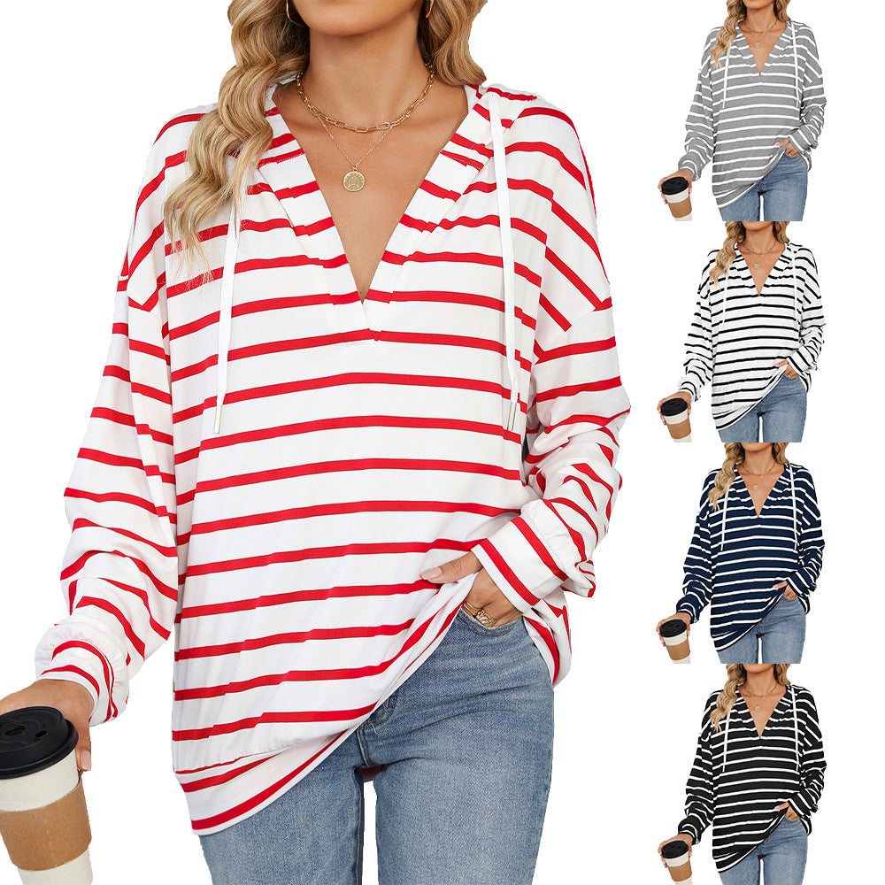 Women's Striped Drawstring Long Sleeve Hoodie Sweatshirt