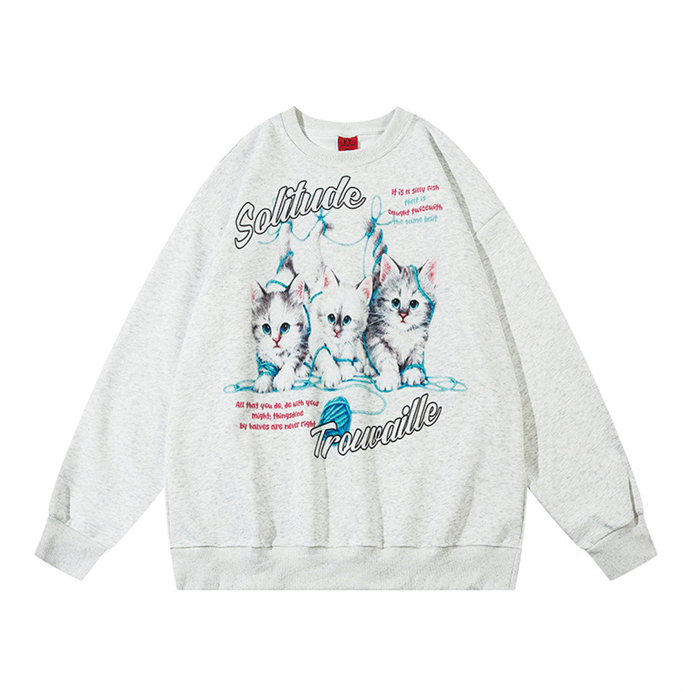 Men's Cute Kitten Print Casual Round Neck Pullover Sweater