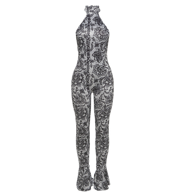 Women's Backless Halter Printed Slim Sheath Jumpsuit