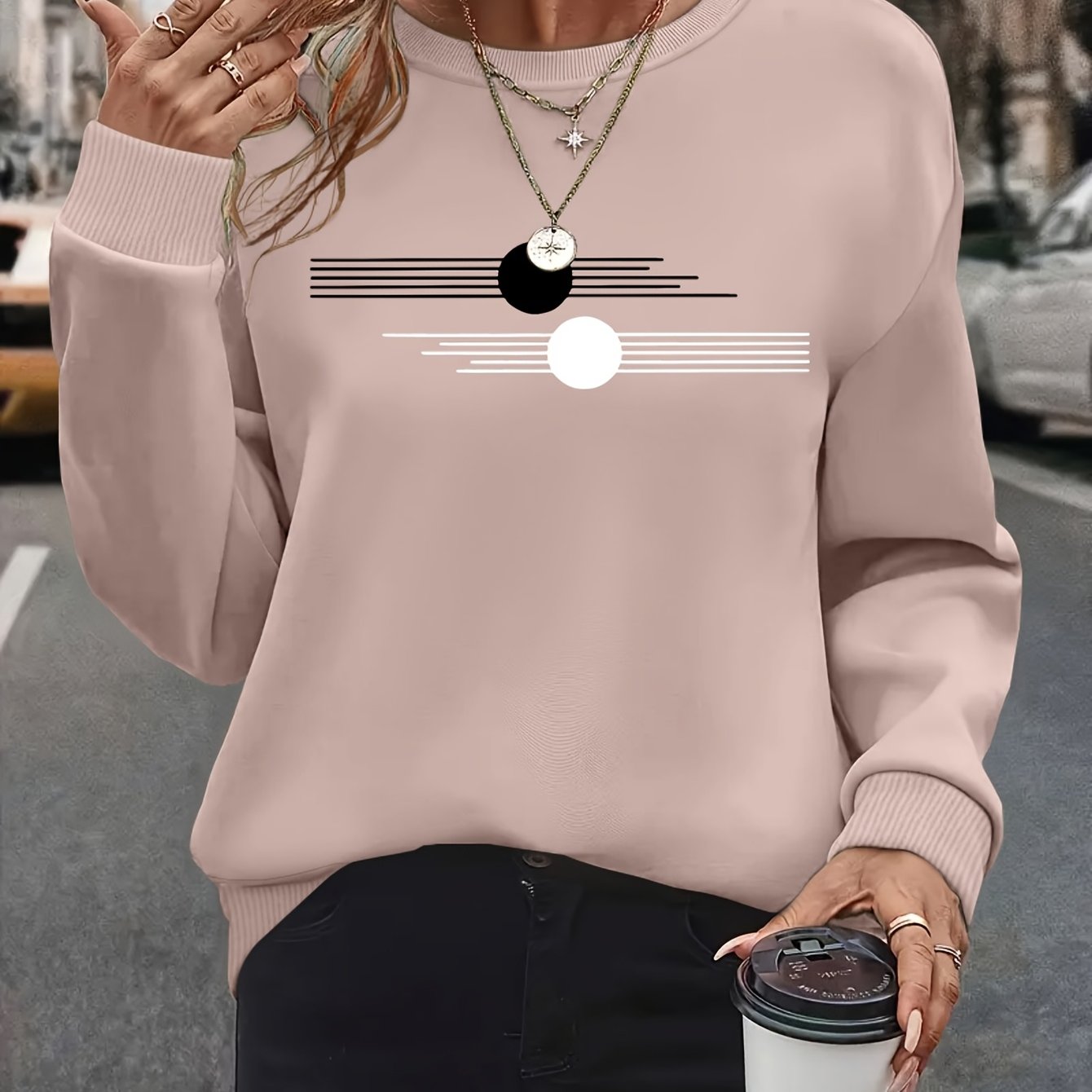 Women's Plus Size Oversized Long Sleeve Crew Neck Sweatshirt with Geometric Pattern