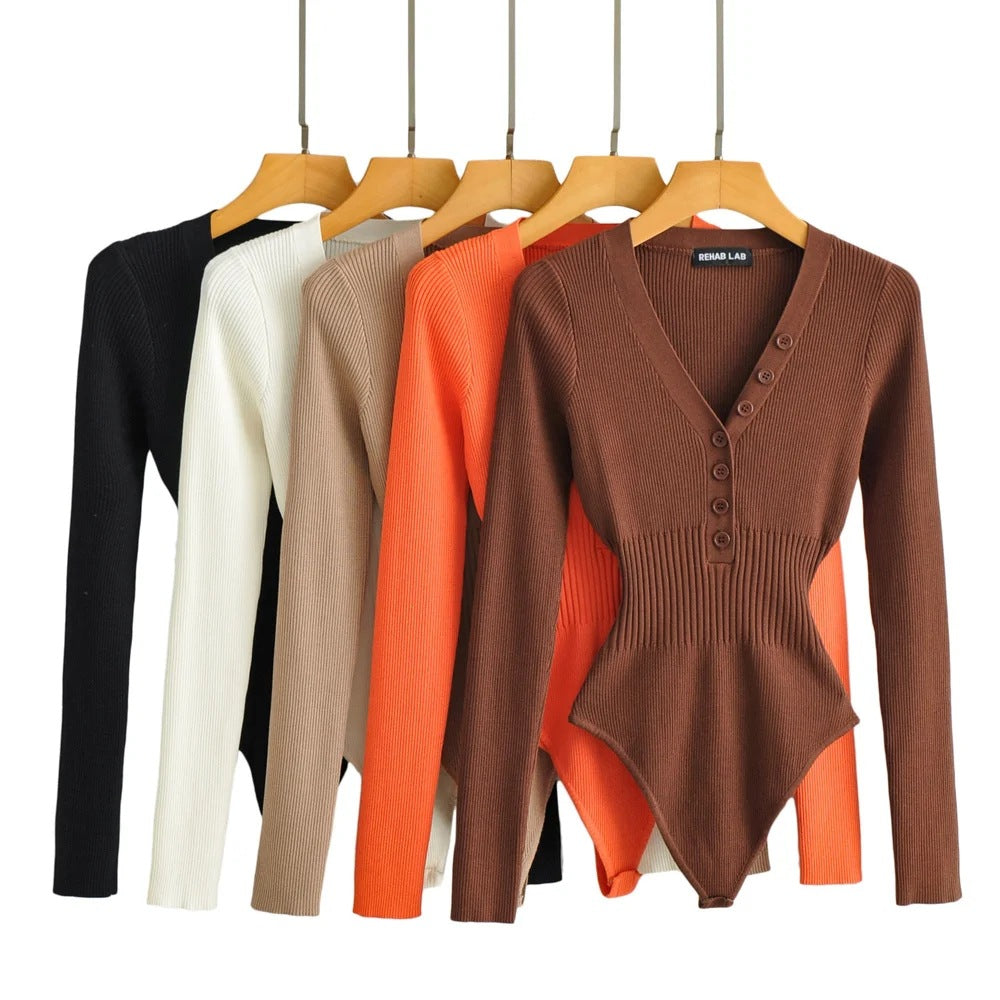 Bottoming Deep V-neck Buckle Waist-controlled Long Sleeves Jumpsuit