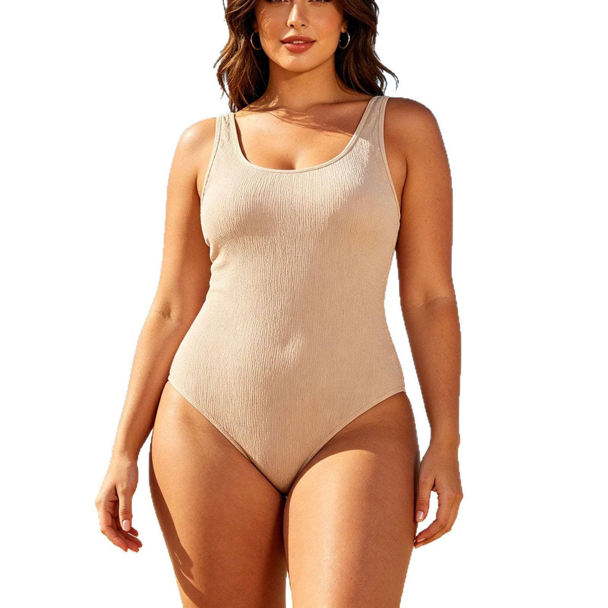 Pleated Textured Body-Con Fishtail U-Neck Beach Holiday Bodysuit