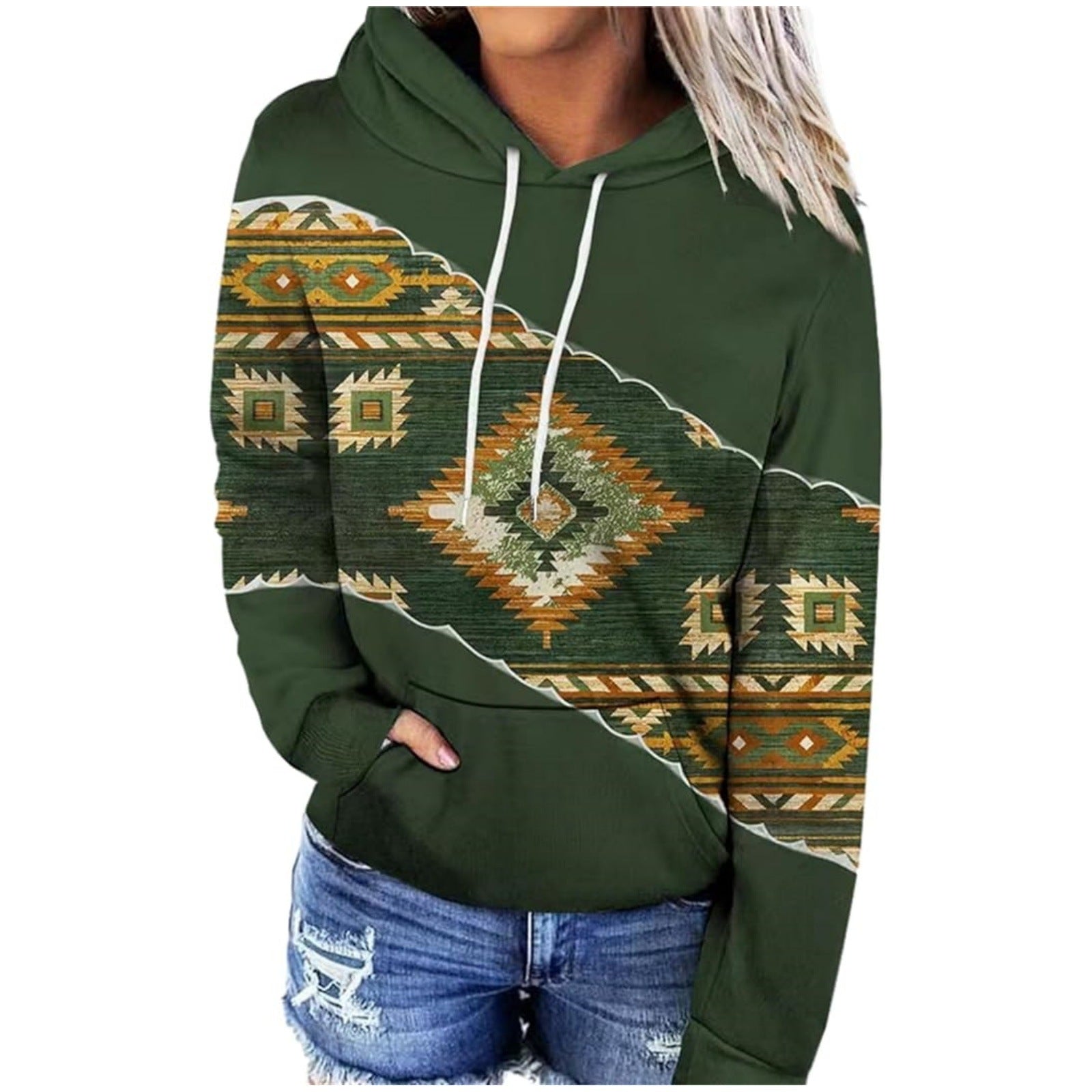 Women's 3D Retro Multicolor Hooded Sweatshirt with Pockets