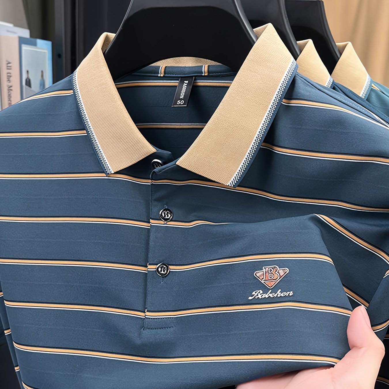 3D Letter Print Striped Polo Shirt – Men's Summer Short Sleeve Collared T-Shirt