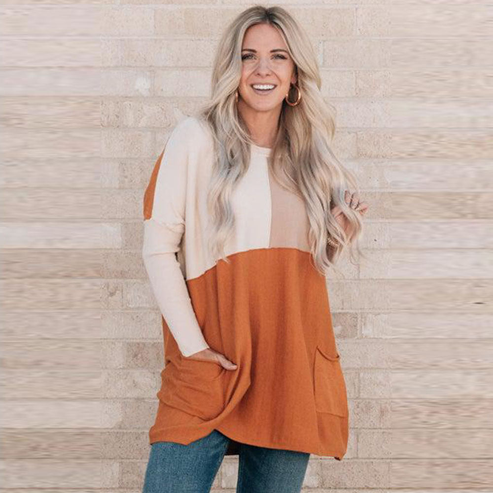 Orange Color-Block Pocket Long-Sleeve Hoodie