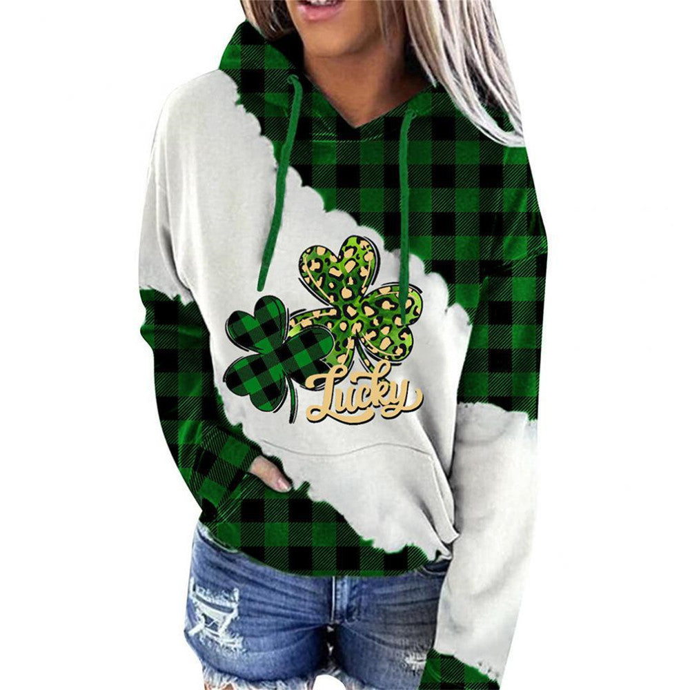 Lucky Clover Print Casual Loose Hooded Sweatshirt