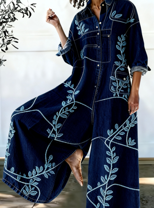 Retro Patchwork Casual Long-Sleeve Wide-Leg Jumpsuit