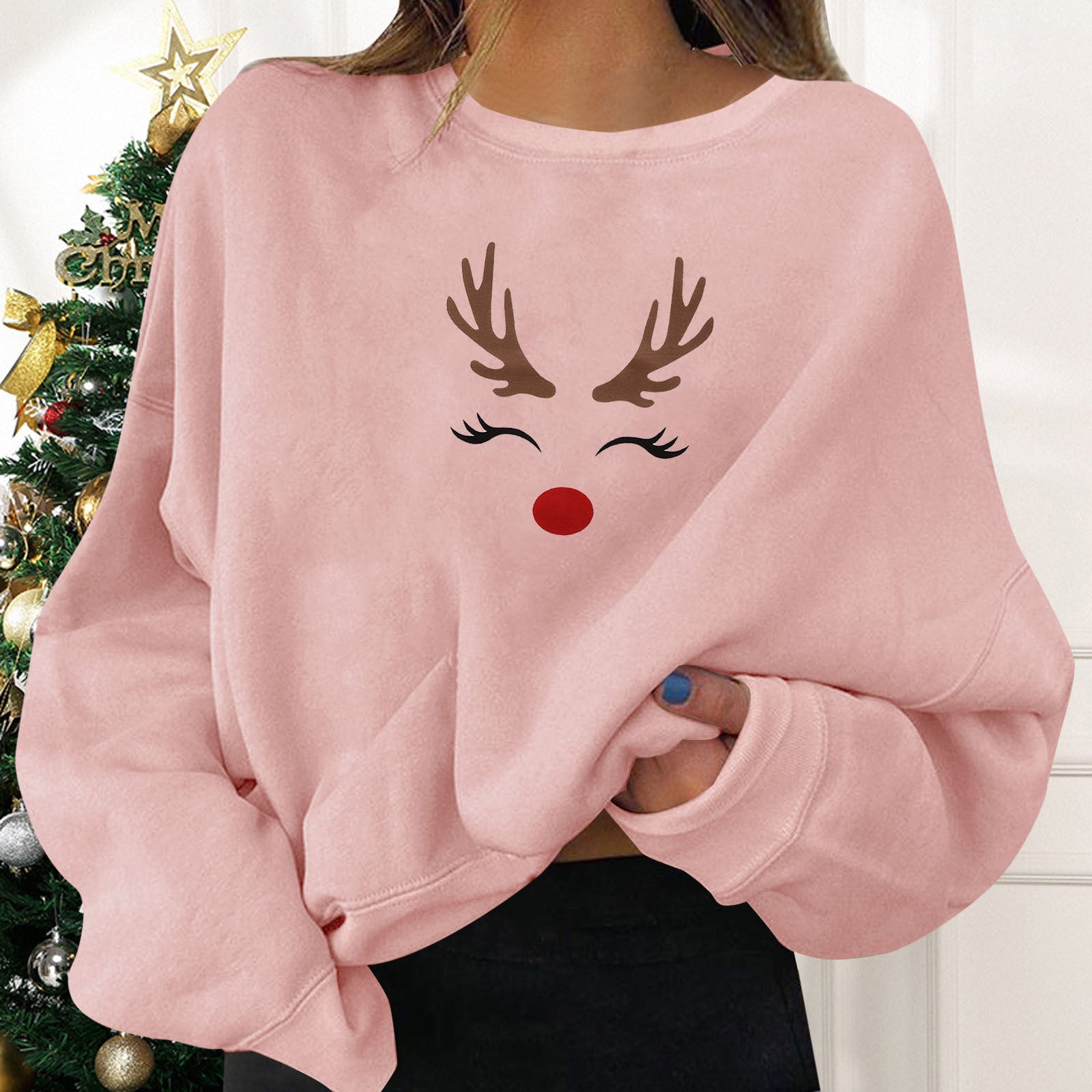 Festive Round Neck Print Christmas Sweatshirt