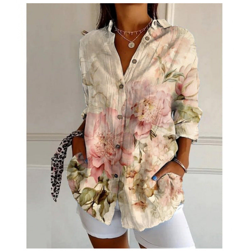 Color Matching Casual Loose Shirt Women's Clothing Button Top