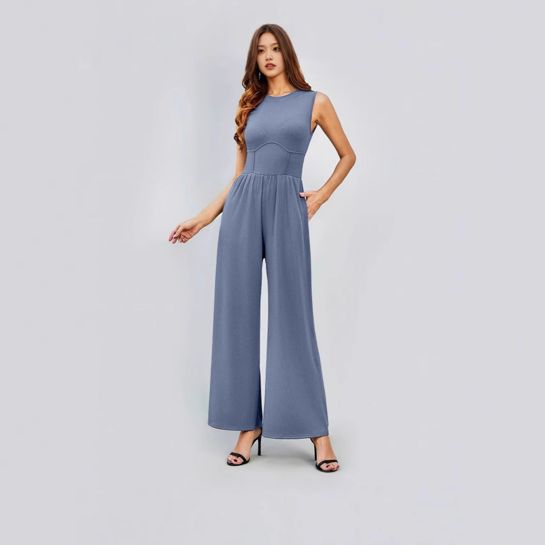 Womens Round-neck Solid-color Sleeveless Slim-fit Long Casual Jumpsuit
