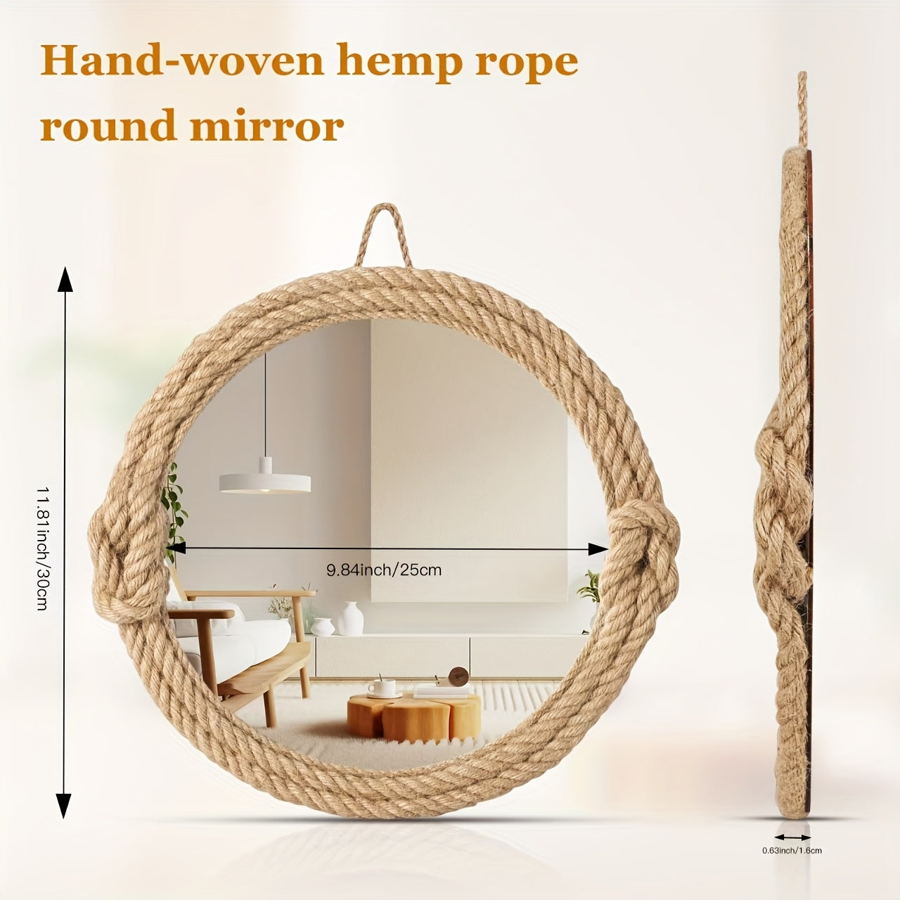 1pc Bohemian Retro Mirror - Circular Nautical Hemp Rope Frame Wall Decor, Polished Glass Bathroom & Living Room Mirror, No Electricity Needed, Coastal Boho Home Décor