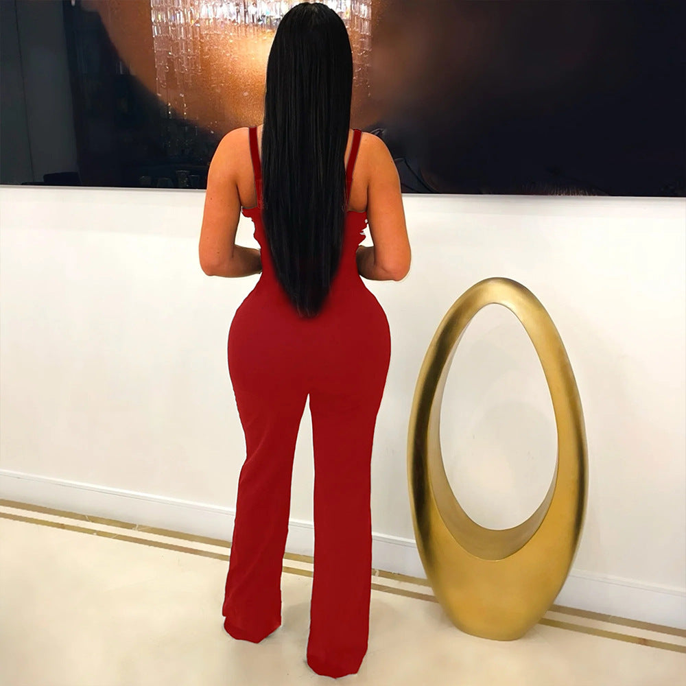 Elegant V-Neck Slim-Fit Rhinestone Jumpsuit