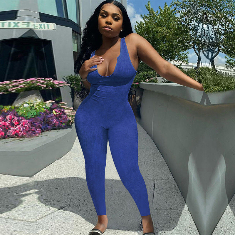 Sports Tank Jumpsuit Summer Solid Color Knitted Ribbed Pants Womens