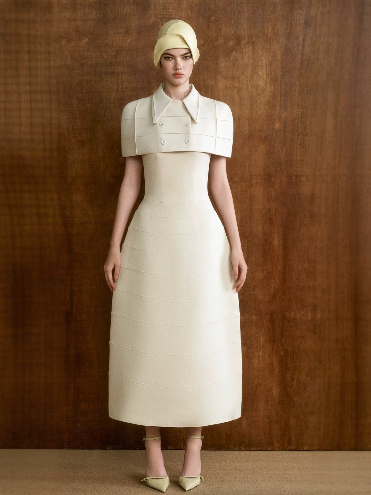 Cream Structured Capelet Midi Dress Two-Piece Set