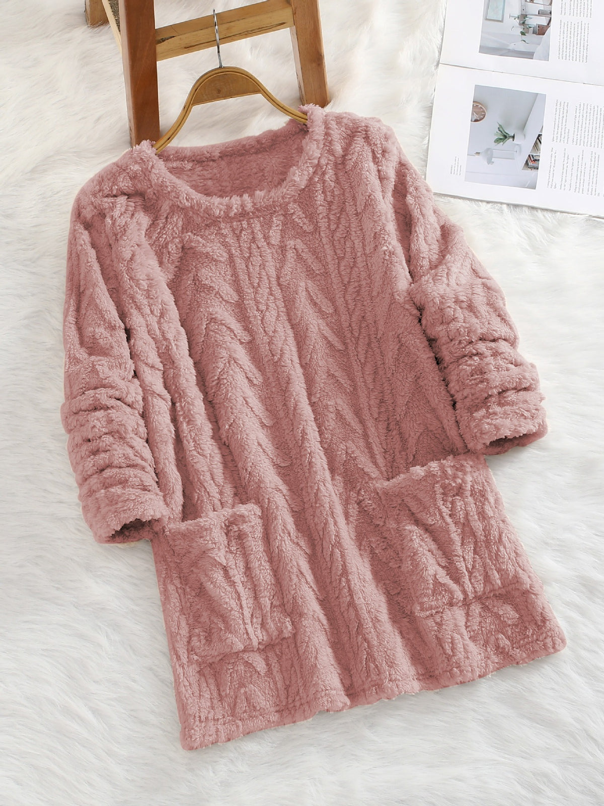 Teddy Fleece Jacquard Long-sleeve Casual Sweatshirt for Autumn and Winter Fluffy and Warm with Pocket Hood