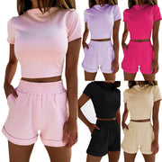 Women's Fashion 2-piece Jumpsuit Set - Short Sleeve High Waist Cropped Shorts