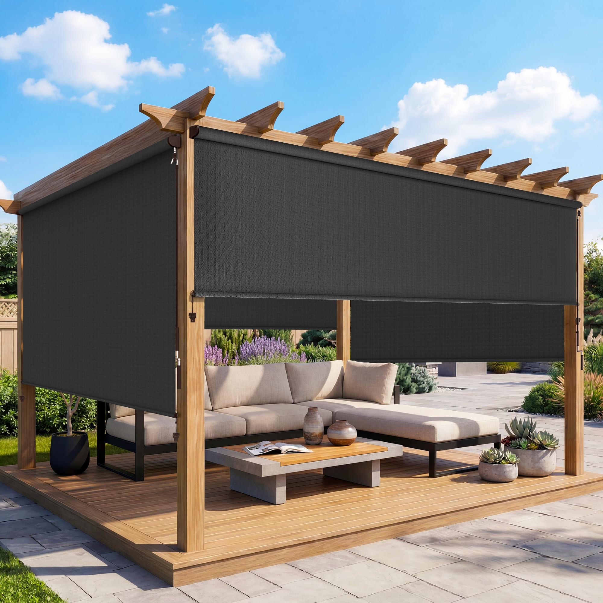 10'W X 8'H Outdoor Roller Shade, 95% UV Protection 420GSM New Material Sun Shades, Cordless Aluminum Outdoor Blinds with Crank Handle, Privacy Protection Patio Shade for Outdoor Patio