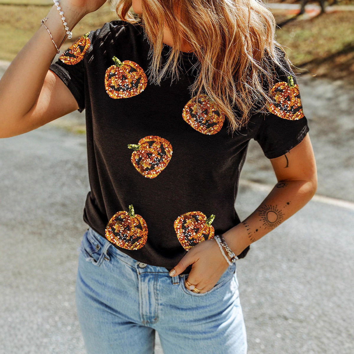 Halloween Sequin Short Sleeve Dress – Festive Loose Fit Tee