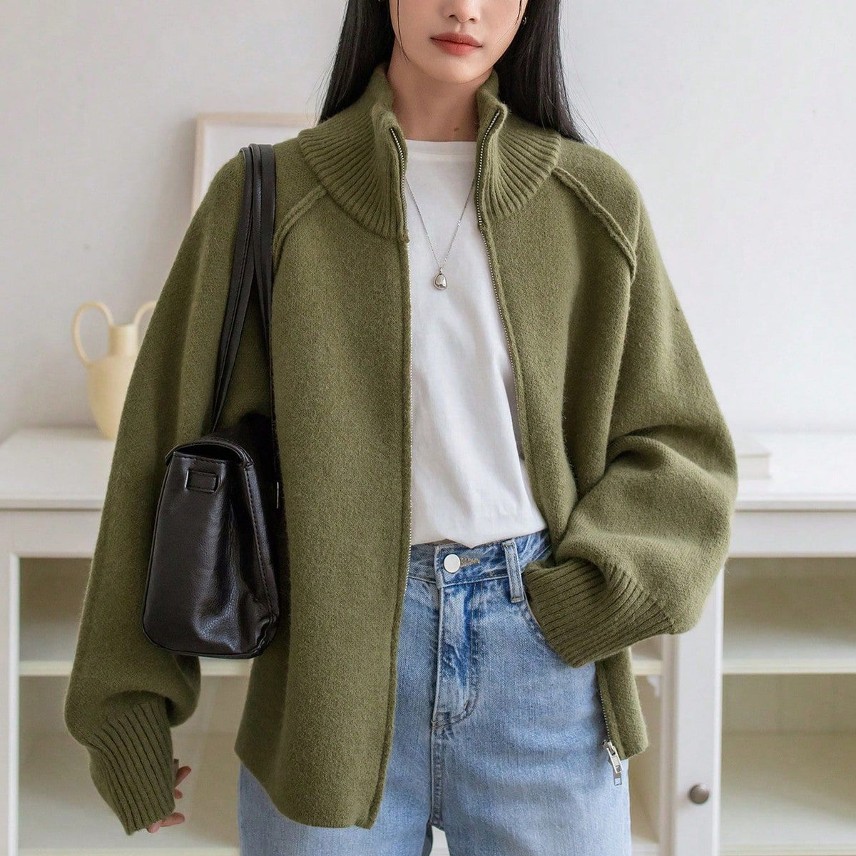 Solid Color Stand Collar Zipper Knitted Cardigan Top
