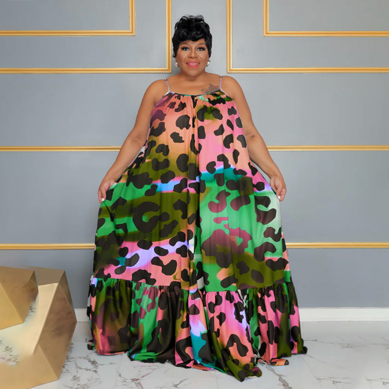Plus-size Womens Fashion Printed Strap Dress