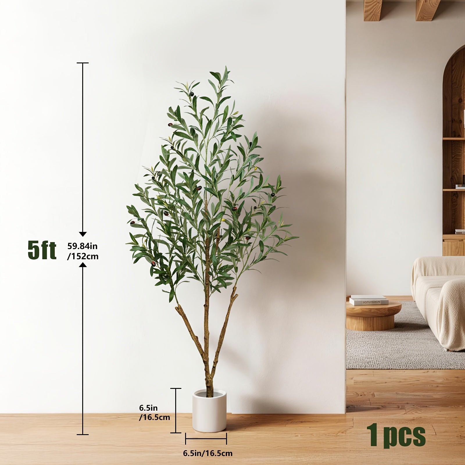 Indoor artificial olive tree in 5 to 7 ft sizes with vibrant trunk and fruits
