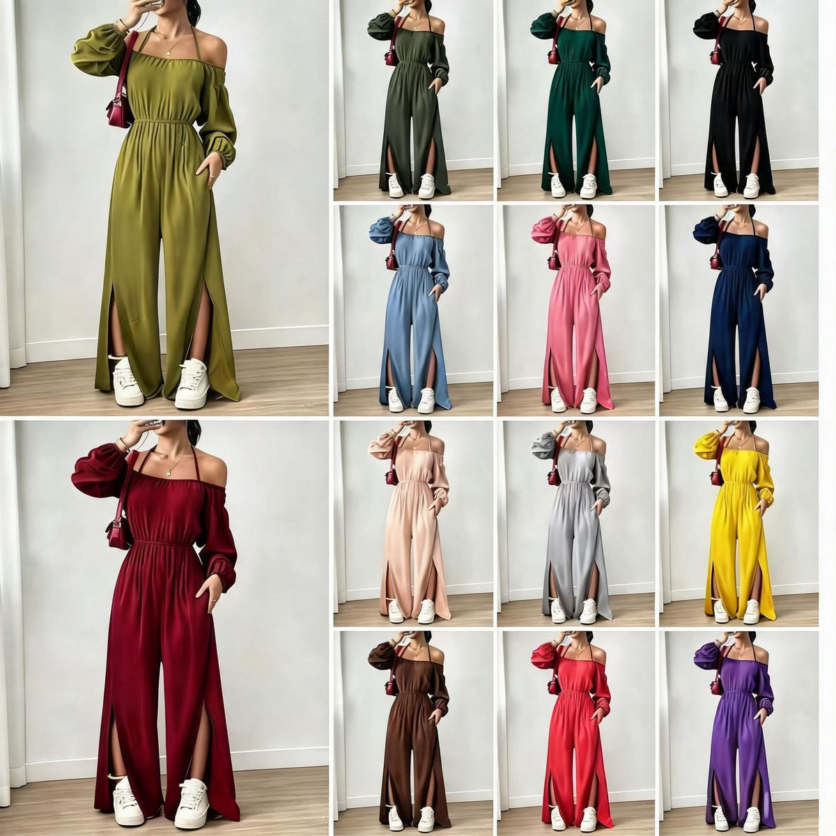 Women's Casual Strapless Slit Wide-Leg Jumpsuit