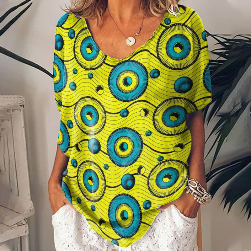 Women's 3D Printed Loose V-Neck Short Sleeve Top
