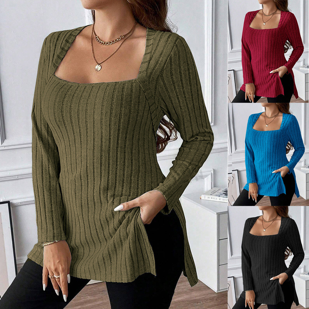 Rib Fabric Brushed Square Collar Long Sleeve Top