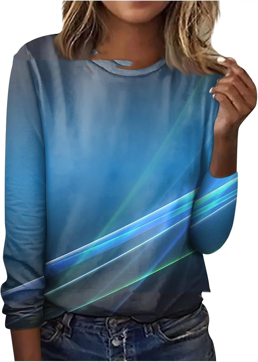 Floral Geometric Print Long Sleeve Round Neck Pullover