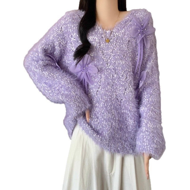 Autumn and Winter Plush Knitted Sweater for Women Sweet 3d Flower Decoration Loose Fit