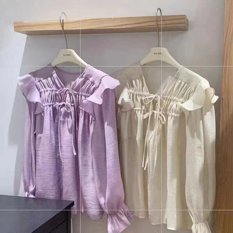Design Sense Bell Sleeve Ruffled Tied Taro Purple Shirt