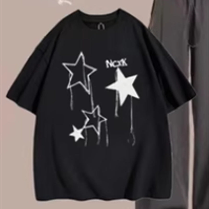 Embroidered Star Short-Sleeve Top – Elegant, Lightweight Cotton