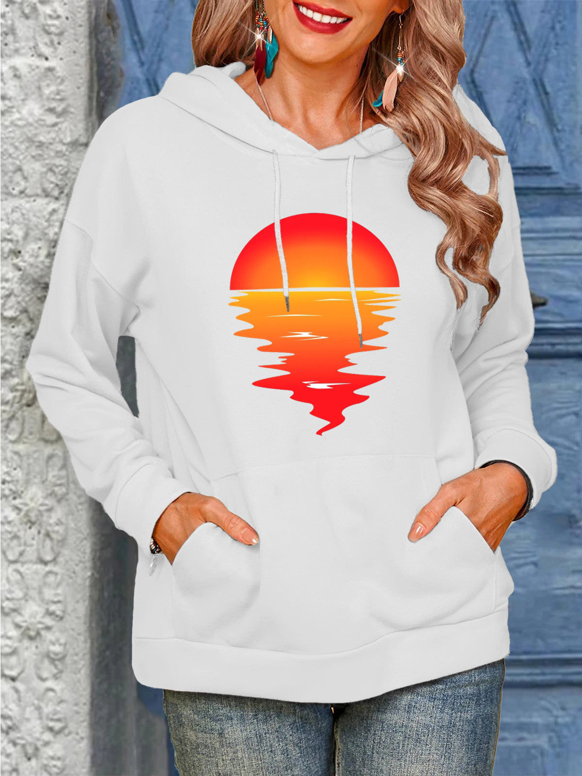 Women's Sun Print Drawstring Casual Hoodie