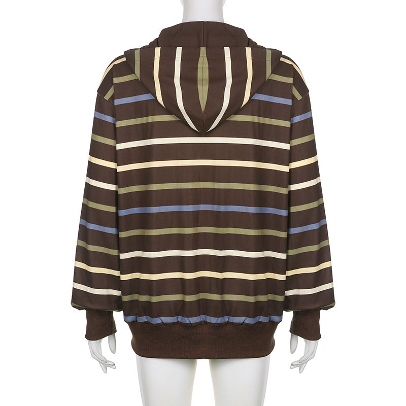 Chic Striped Loose Hooded Sweater for Women