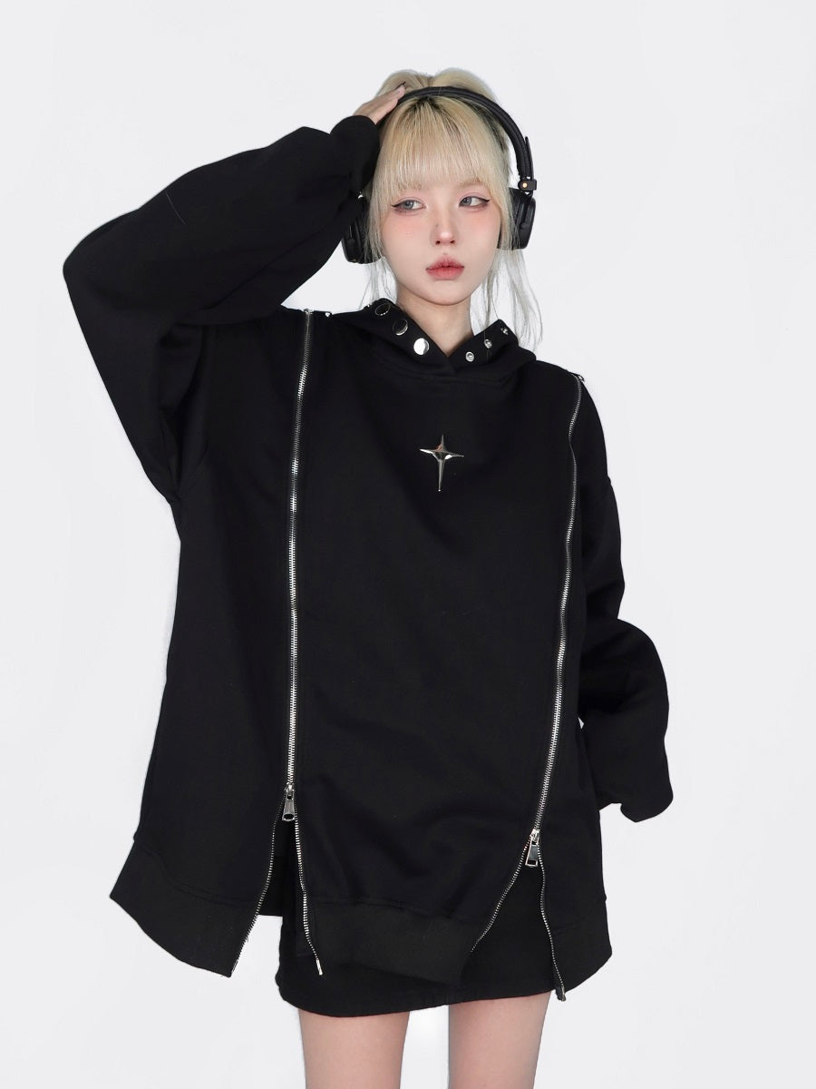 Edgy Cold-Shoulder Hollow Out Zip-Up Hoodie