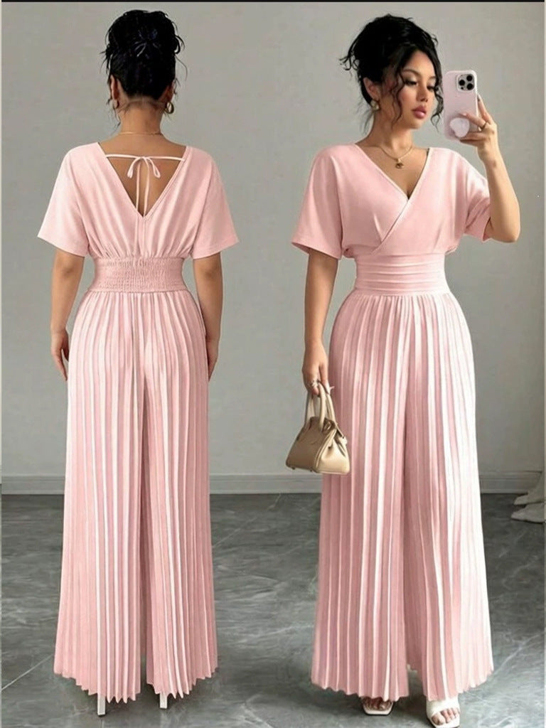 Solid-color Pleated Jumpsuit Pants For Women