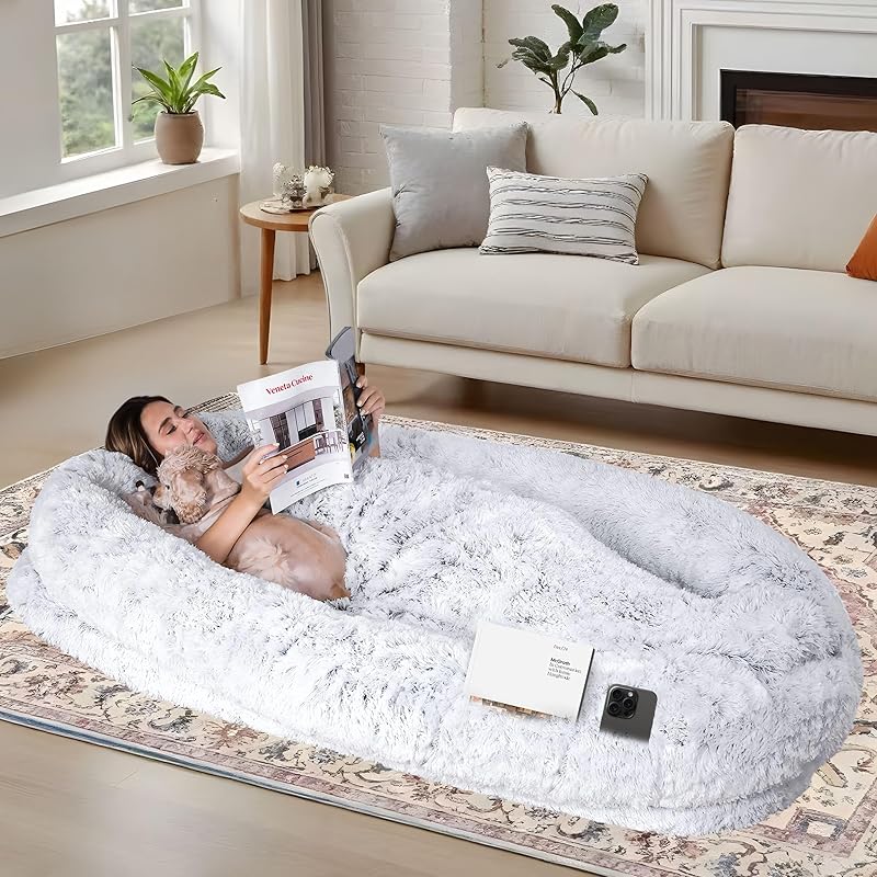 Orthopedic Foam Human Dog Bed With Removable Washable Faux Fur Cover & Portable Handle - Extra Large Bed For Medium, Large, XL Dogs, Humans - Spacious Rectangular Design With Plush Cushioning, Ideal