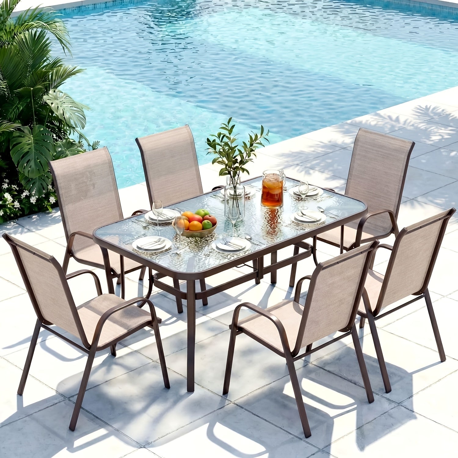[All Weather Patio Set] Patio Dining Set for 6, Outdoor Table And Chairs W/ 1.69" Umbrella Hole, 30" X 55" Table And Stackable Textilene Chair, All Weather Patio Furniture Set (Umbrella Not Included)