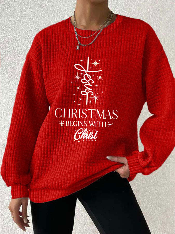 Women's 3D Printed Waffle Crew Neck Sweater