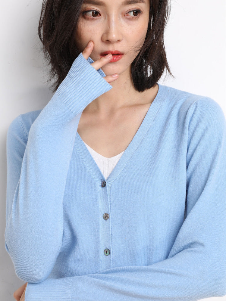 Womens V-neck Casual Solid-color Knitted Long-sleeve Jacket